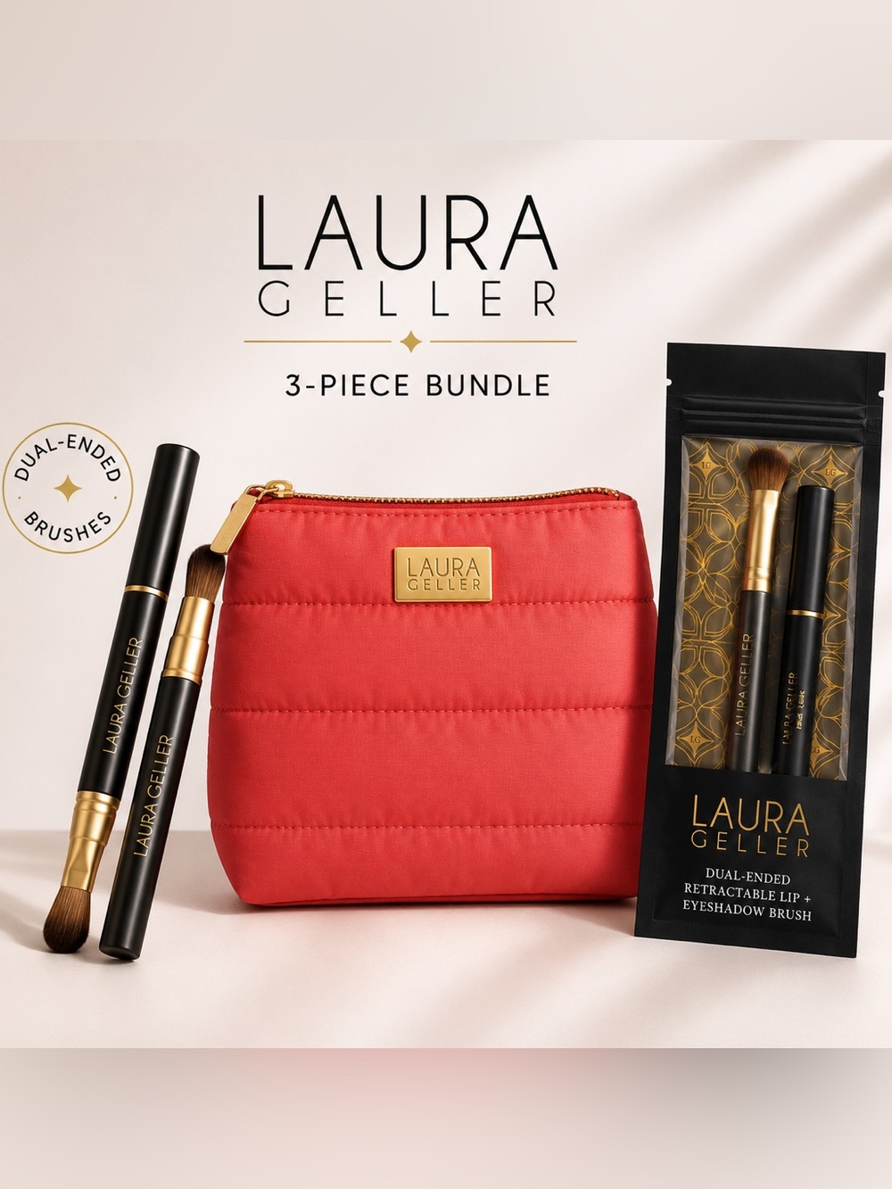 Laura Geller 3-Piece Bundle Makeup Bag + Dual-Ended & Retractable Brushes NEW)